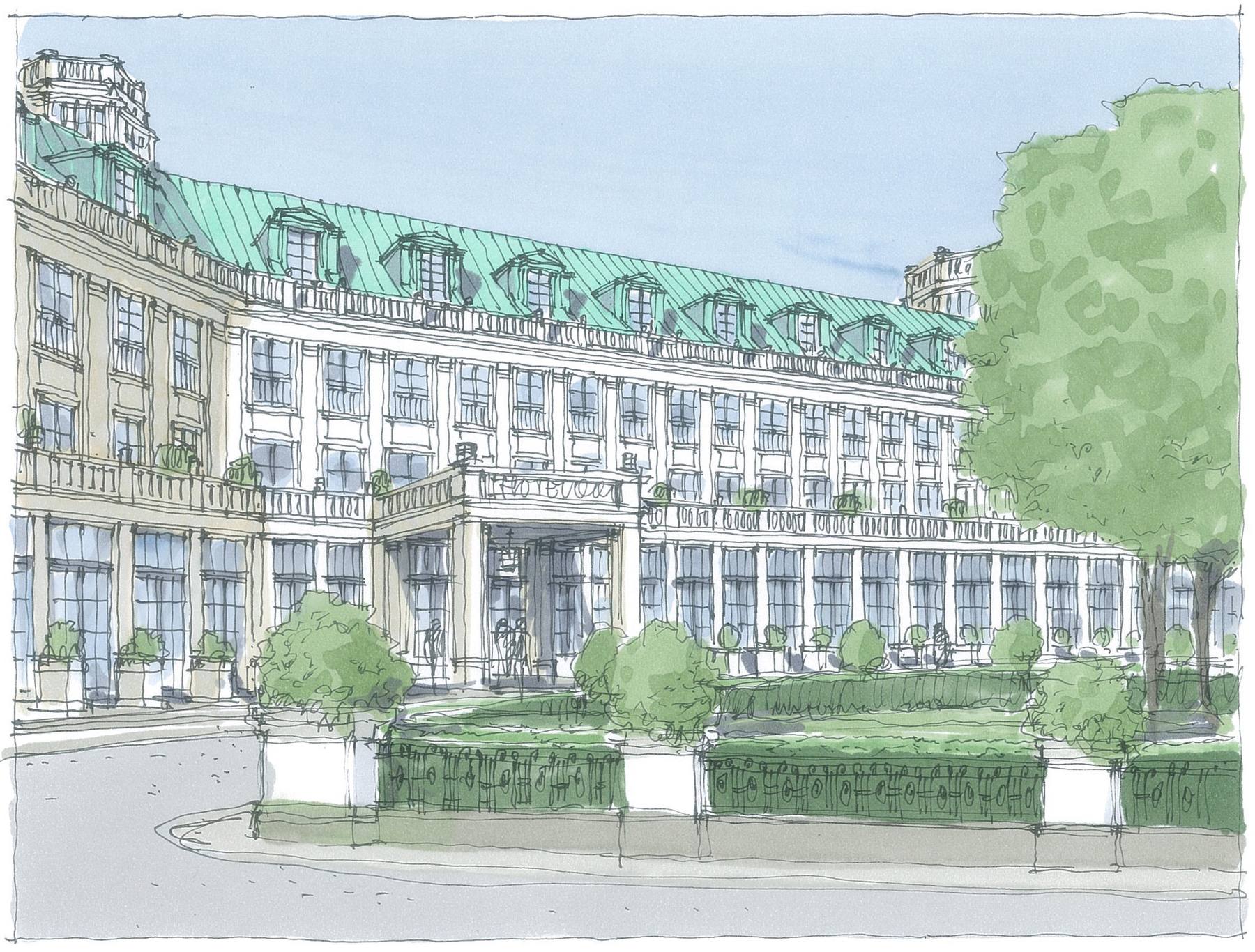 Aquarellzeichnung einer klassischen Berliner Blockrandbebauung